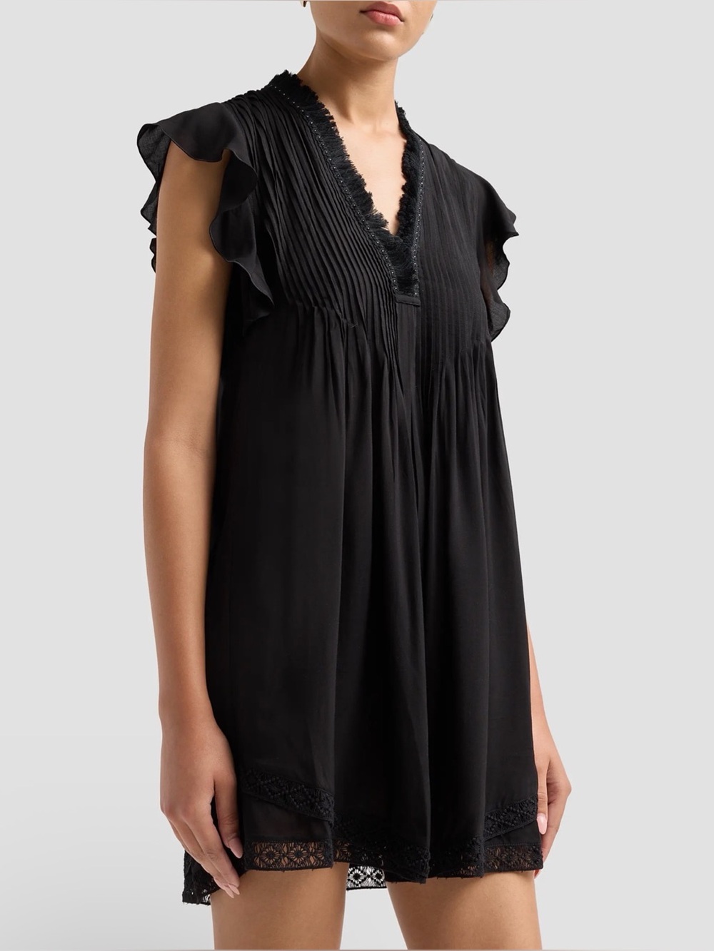 Poupette St Barth Sasha Ruffled Pleated Mini Dress Size S Black Fringe Crochet